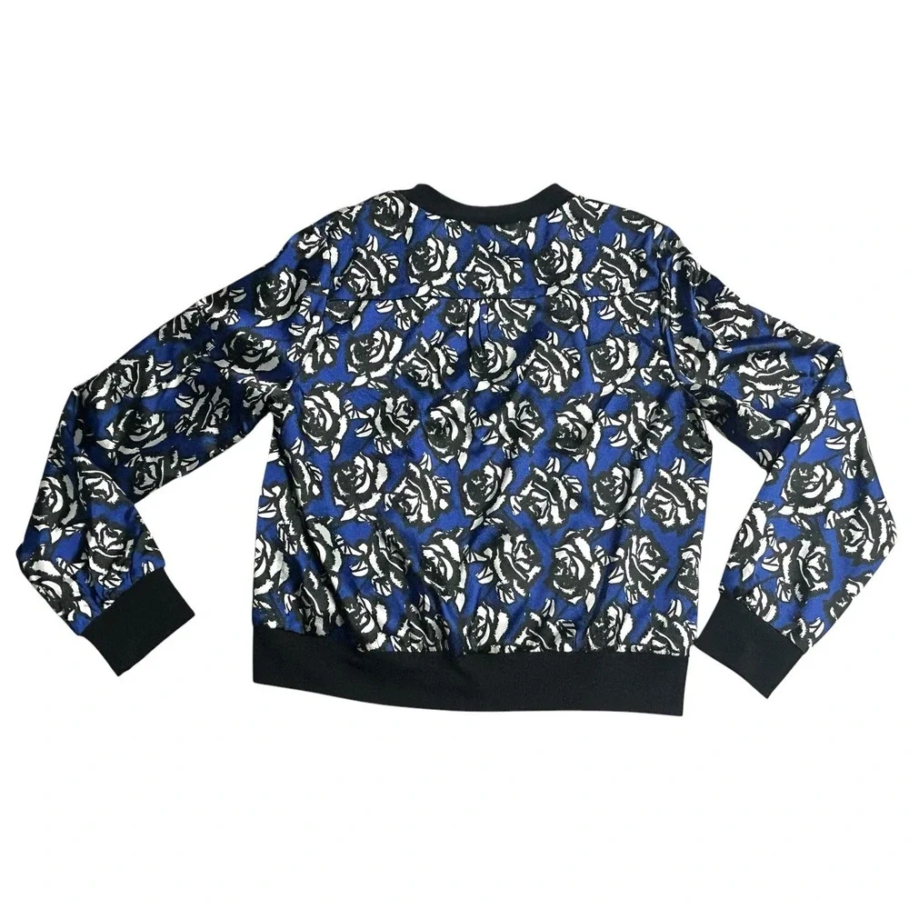 X by GOTTEX Women's Floral Satin Bomber Jacket Blue Roses Size Large Zip Pockets